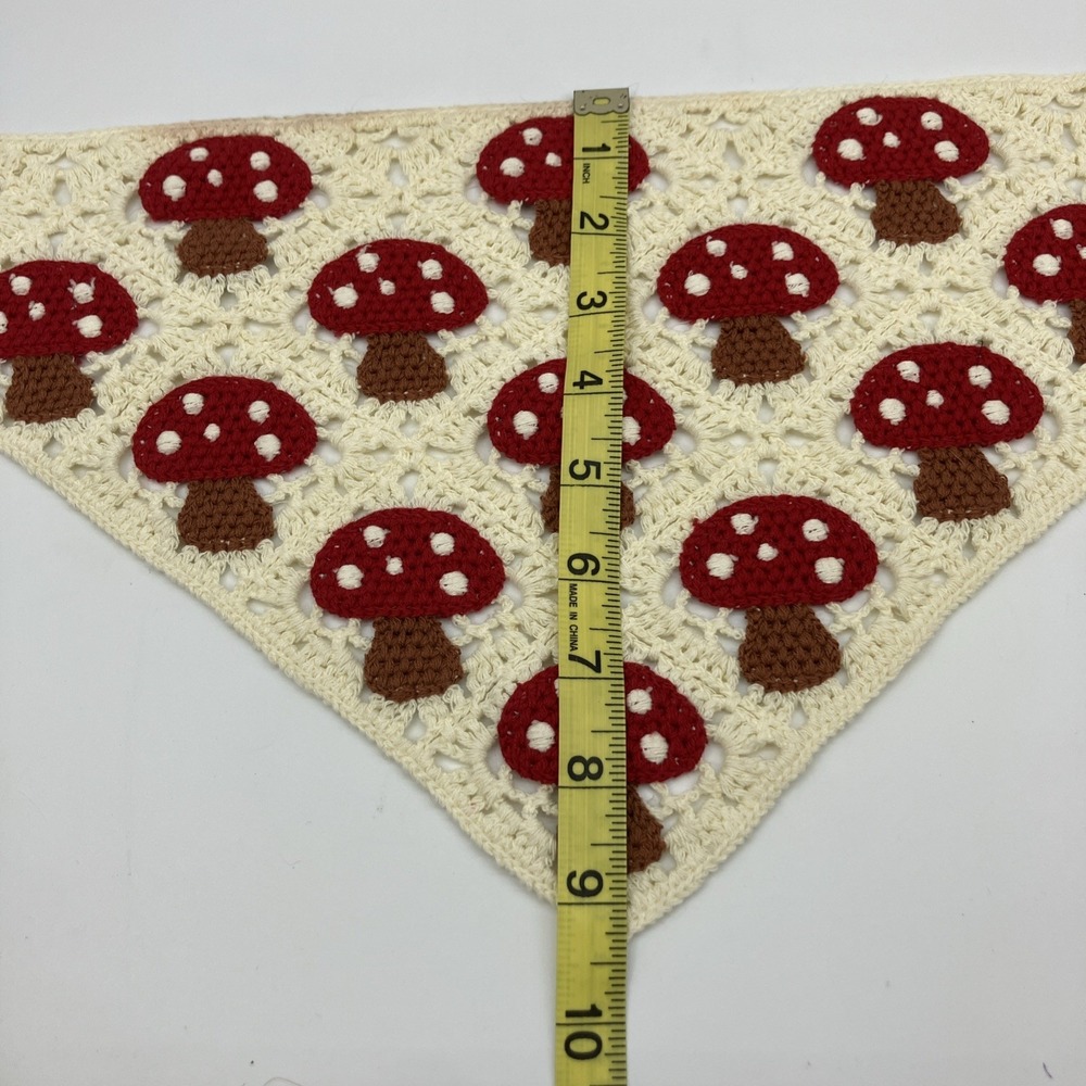 Crochet Mushroom Bandana Hair Kerchief Cottagecore Boho Head Scarf Red Cream Hip - Picture 9 of 10